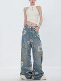 Fashion Printed Jeans 2025 Retro Floral Denim Mopping Trousers Korean Style High Street Loose Hip Hop Wide-leg Jean Pants