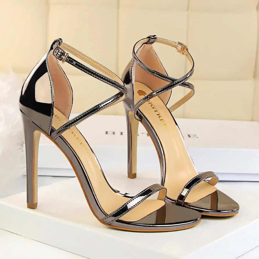 Women Fetish 8cm 11cm High Heels Summer Mid Low Heels Champagne Gold Sandals Roman Pumps Lady Gladiators Stiletto Stripper Shoes