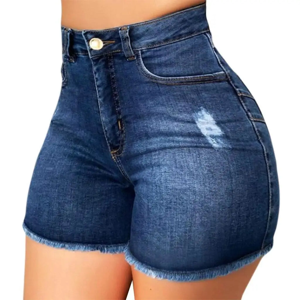 شورت جينز نسائي ضيق بقصة ضيقة ومثير وساخن وعصري بلون سادة وخصر عالٍ، ملابس كاجوال للسيدات.