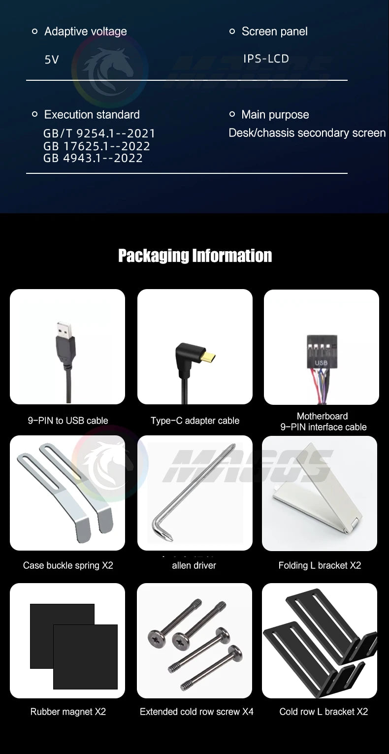 9.16'' Small Screen Display, IPS LCD Monitor for Desktop Computer Hardware Working Monitoring, Windowed Chassis Dedicated