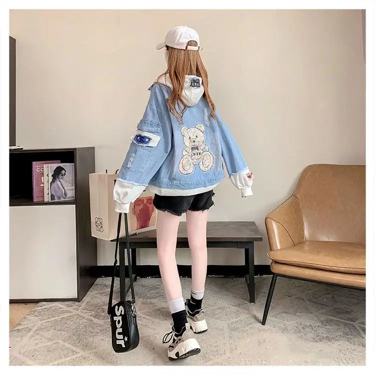 جاكيت دينم نسائي، جاكيت قصير لربيع وخريف جديد، جاكيت كلاسيكي بقبعة، فضفاض وعصري، متعدد الاستخدامات، بقصة فضفاضة...