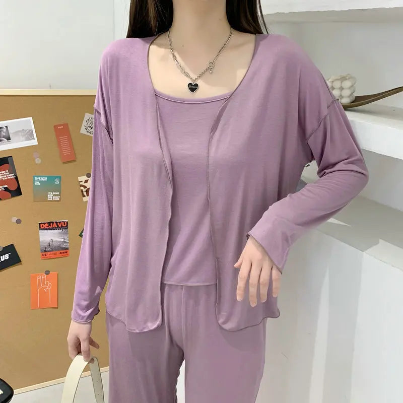 Fdfklak New Arrivals 3PCS Sleepwear Pajamas Set Lingerie Pyjamas Spring Summer Modal Soft And Comfortable Homewear