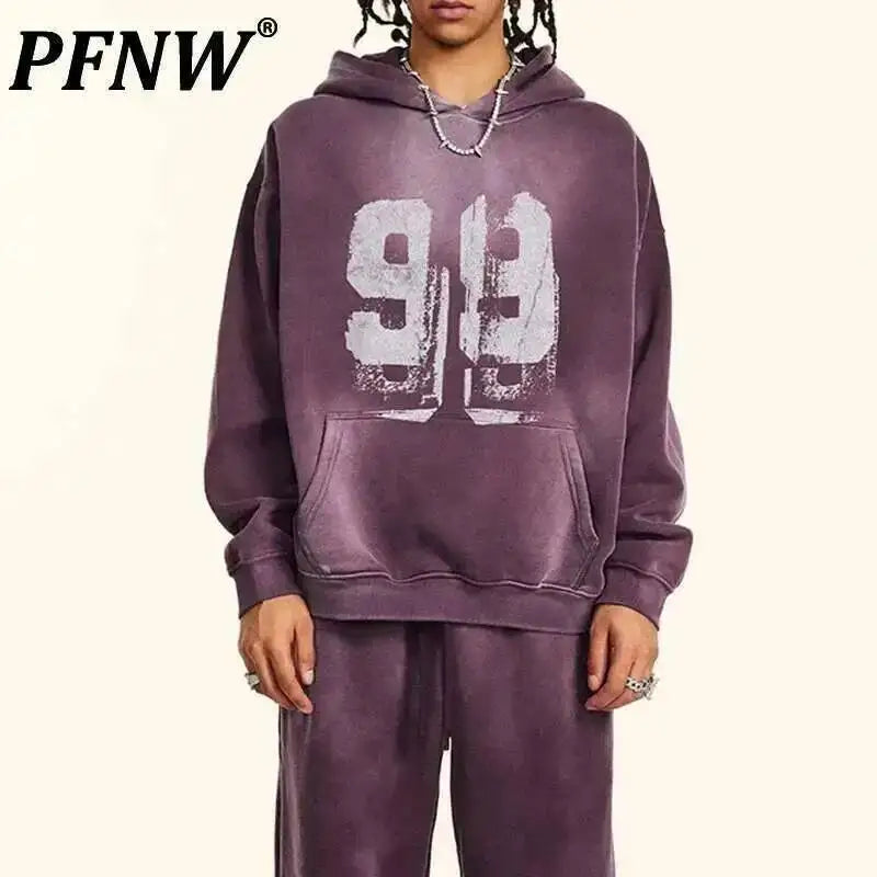 PFNW 2025 Spring High Street Vintage Washed Digital Padded Hooded Sweatshirt Men's American Loose Oversized Pullover Top 28W5695