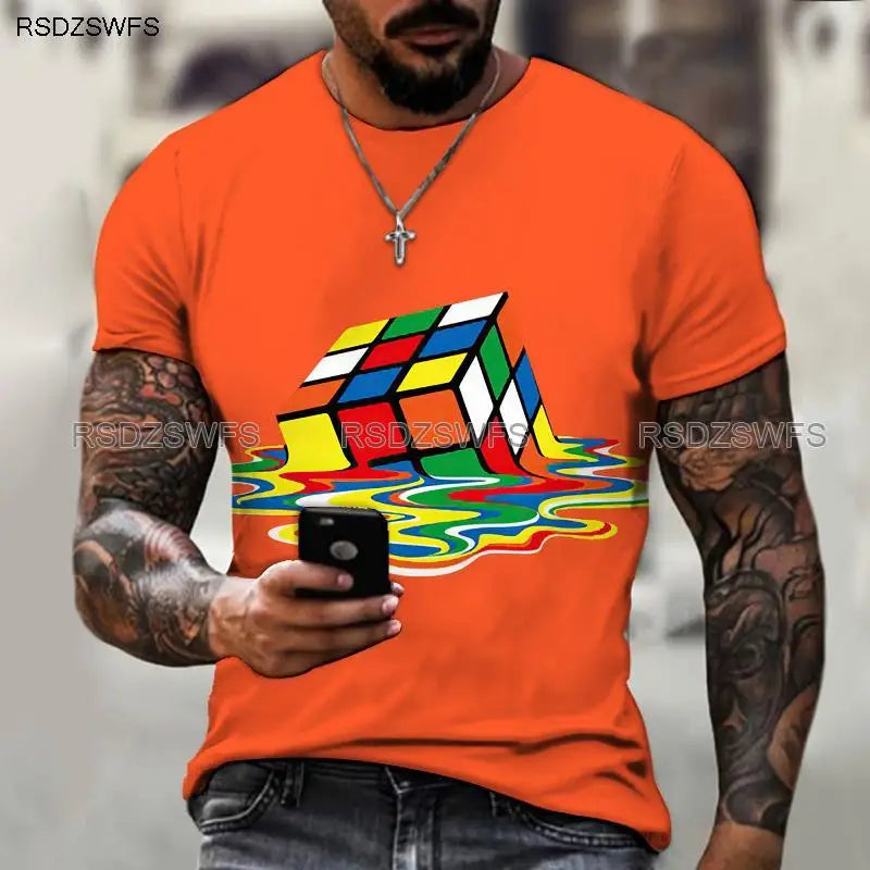 Men's Shirt Exclusive Design Melting Rubik's Cube 3D Printing Printing Trendy Brand Shirt Round Neck T-shirt Oversize 5XL