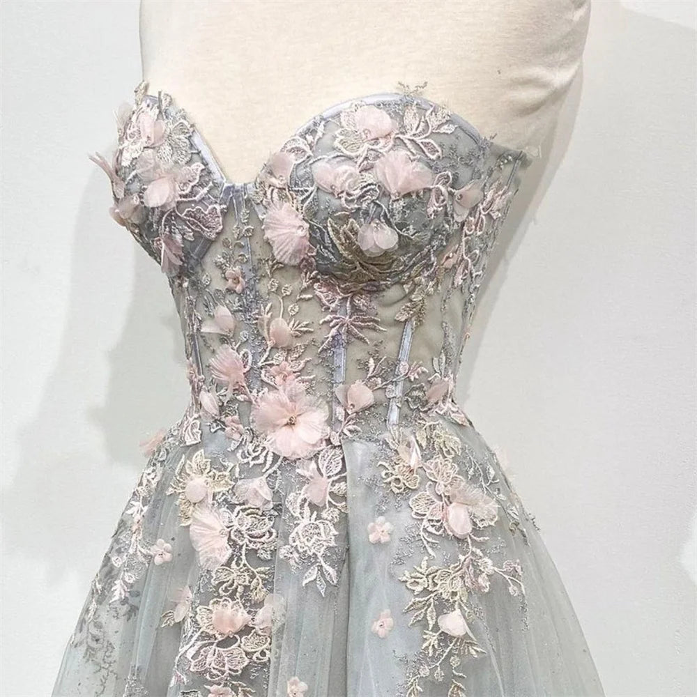 Lily Gray Strapless Evening Gown Elegant Lace A Line Prom Dress Appliques Glitter Wedding Evening Dresses for Woman Customized