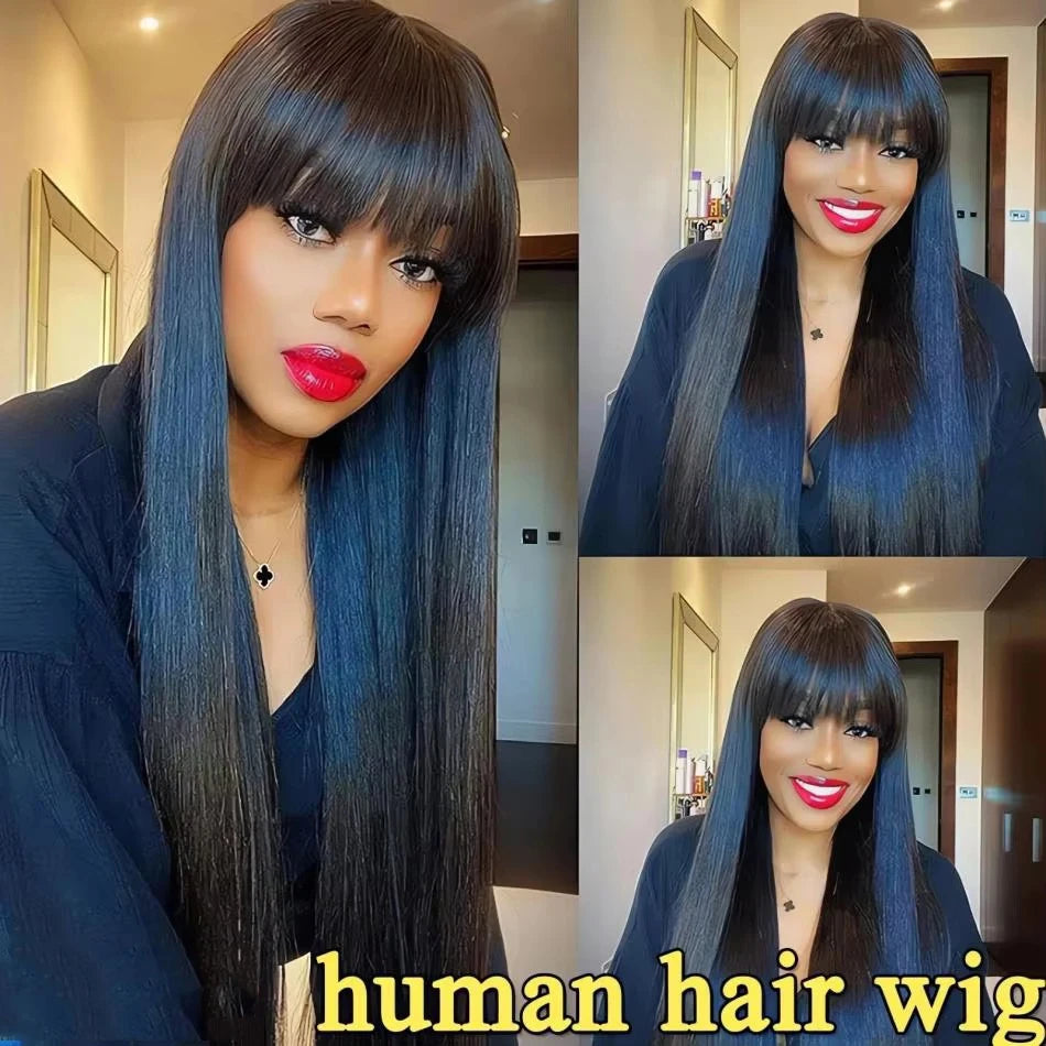 Black Bone Straight Human Hair Wig With Bangs 30 Inch Brazilian 3x1 Lace Wigs Glueless Wig Human Hair Natural Colored For Women