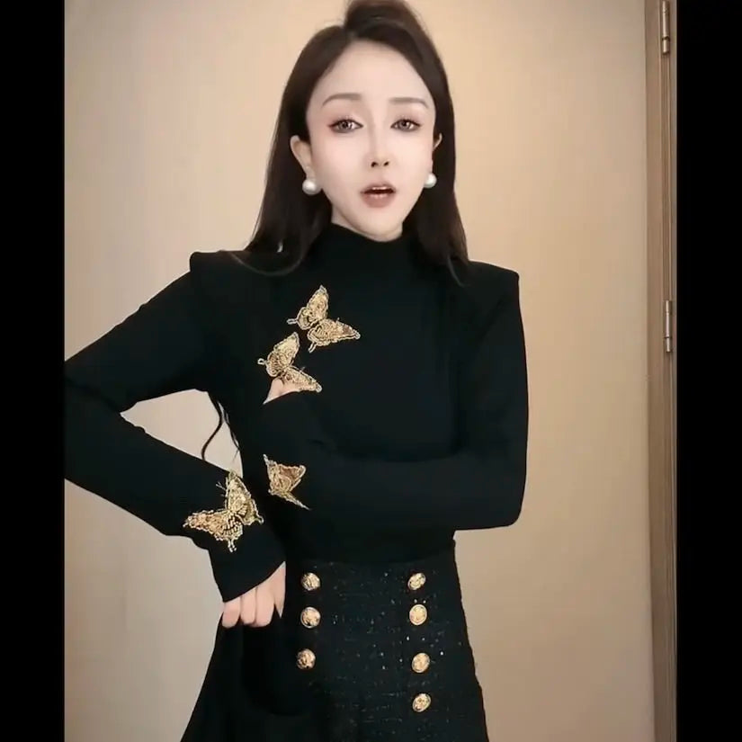 Autumn Winter Half High Collar Long Sleeve Fashion T-Shirts Women High Street Casual Embroidered Patchwork All-match Pullovers