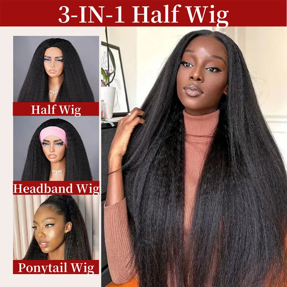 3 In 1 Half Wigs Human Hair Kinky Straight 220% Density Glueless Wear And Go Human Hair Wig No Lace Flip Over Half Wig