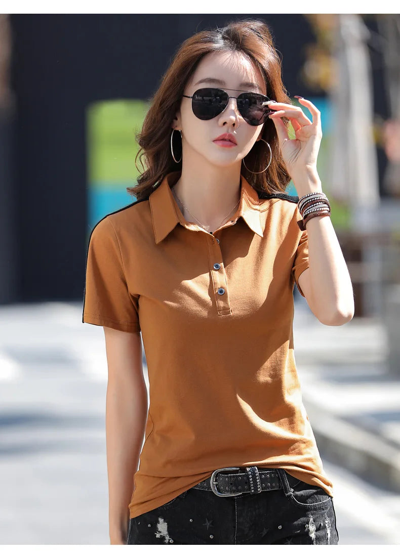 New Women Polo Shirt Summer Fashion Patchwork Button Turn-down Collar Short Sleeve Slim T-shirt Casual Basic Cotton Tees Tops
