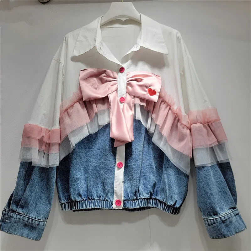 WTHT Fashion Women's Spliced Bows Mesh Edge Denim Jacket 2025 Spring Trendy Lapel Long Sleeves Loose Coat Female 1LS951