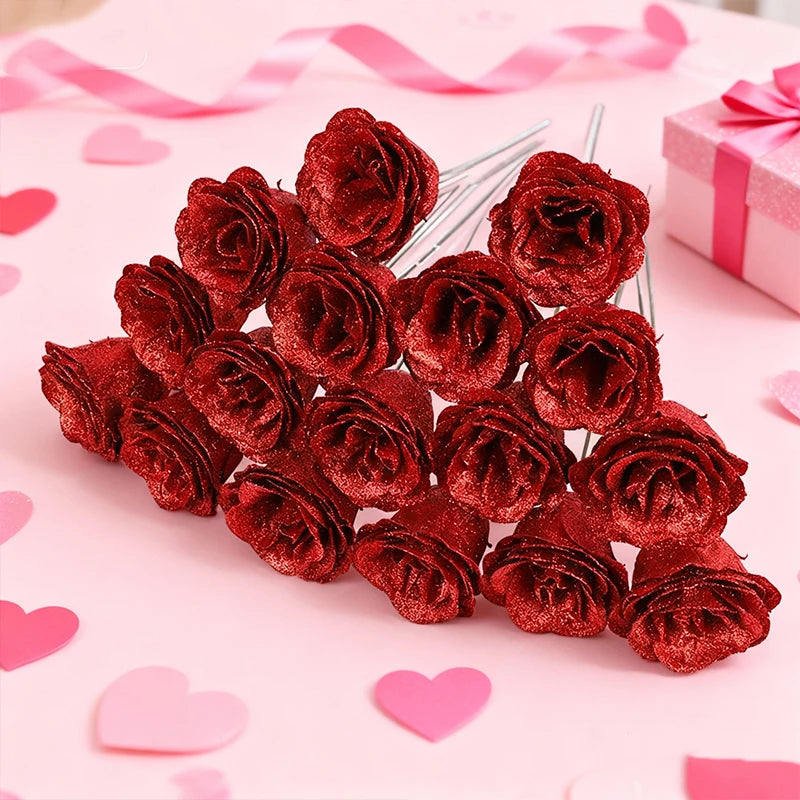 5-20Pcs Red Glitter Artificial Rose Flowers Bouquet Wedding Bridal Shower Decoration Valentines Day Gift Birthday Party Decor