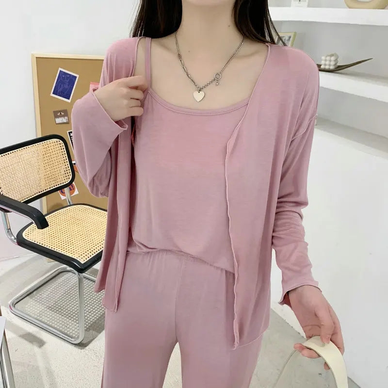 Fdfklak New Arrivals 3PCS Sleepwear Pajamas Set Lingerie Pyjamas Spring Summer Modal Soft And Comfortable Homewear