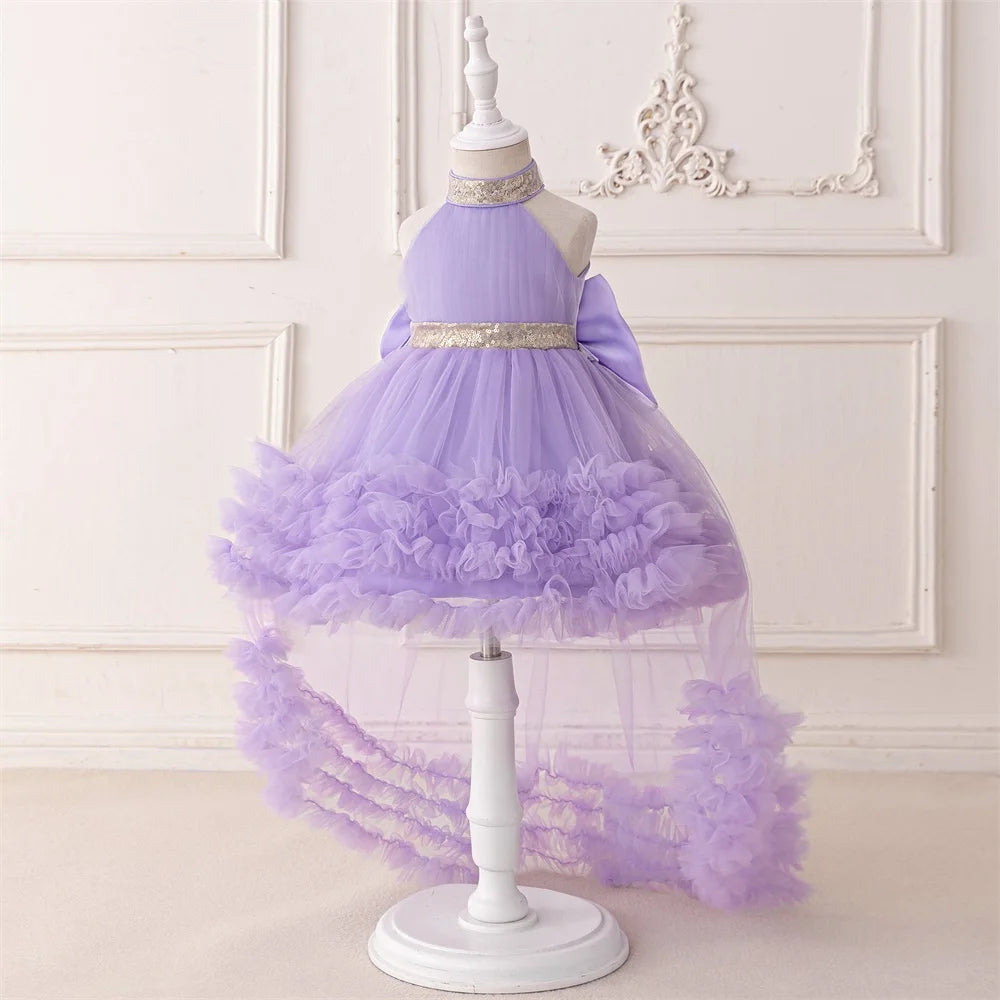 Trailing Big Bow Party Baby Girls Dresses Sequin Baptism Bridesmaid Costume Toddler Birthday Princess Dress Wedding Evening Gown