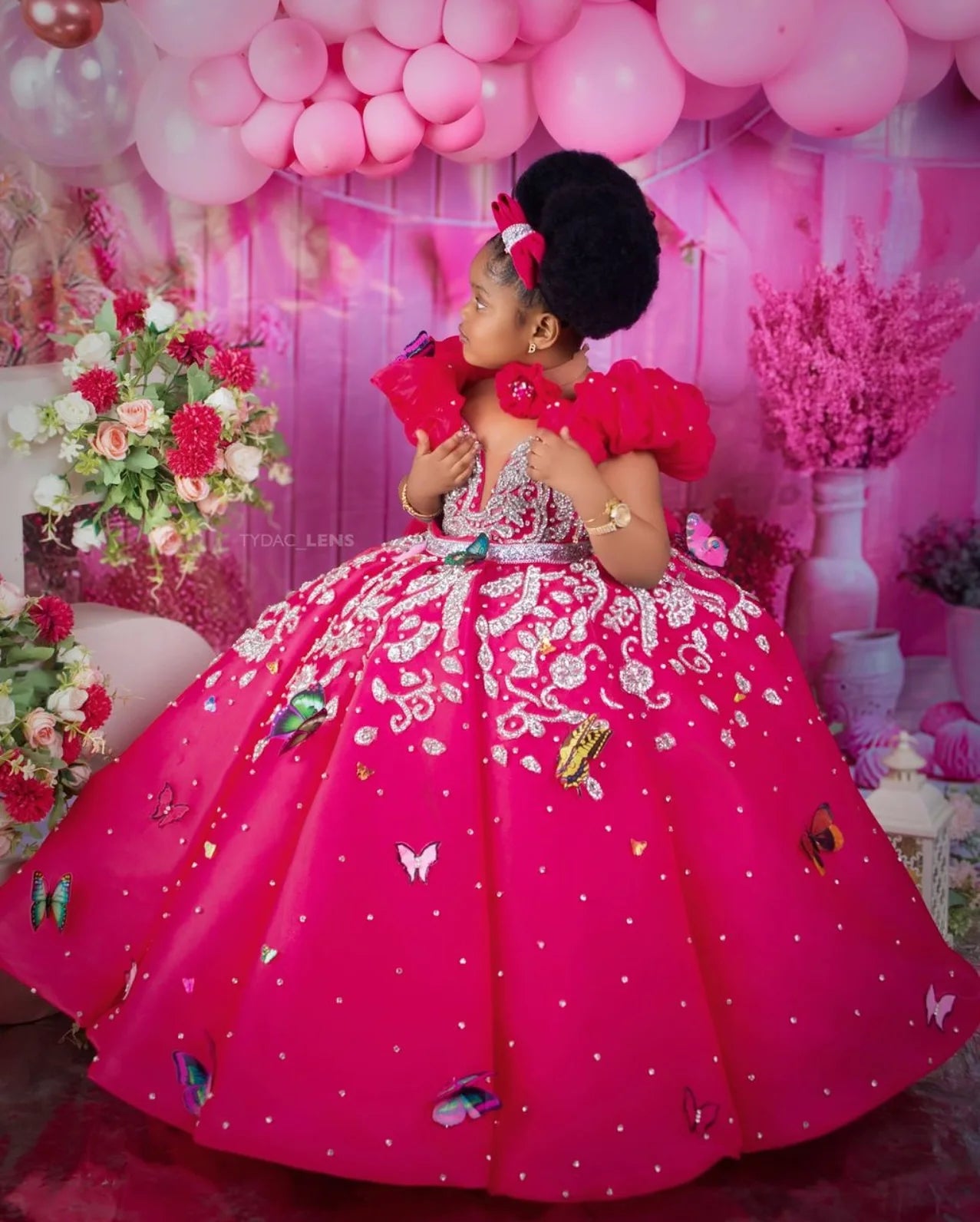 Luxury Beading Flower Girl Dresses Princess Hot Pink Customized Ball Gown Baby Girls First Birthday Party Pageant Dress