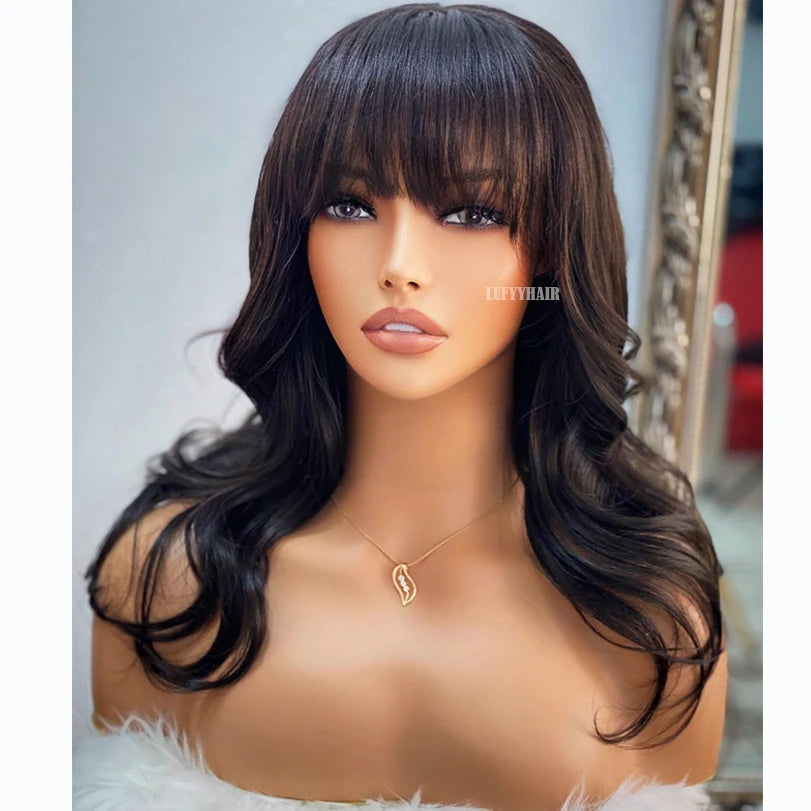 Body Wave Human Hair Wigs With Bangs 5x5 PU Silk Base Closure Wig 150% Density Malaysian Remy Hair Wavy Wigs For Women