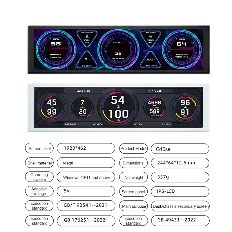 9.16'' Small Screen Display, IPS LCD Monitor for Desktop Computer Hardware Working Monitoring, Windowed Chassis Dedicated