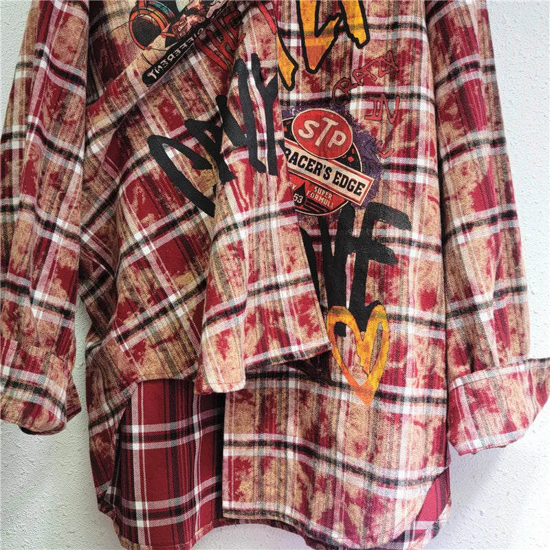 WTHT New Fashion Women's Cartoon Print Plaid Shirts 2024 Winter Trendy Single Breasted Long Sleeves Blouse Female 1LS419