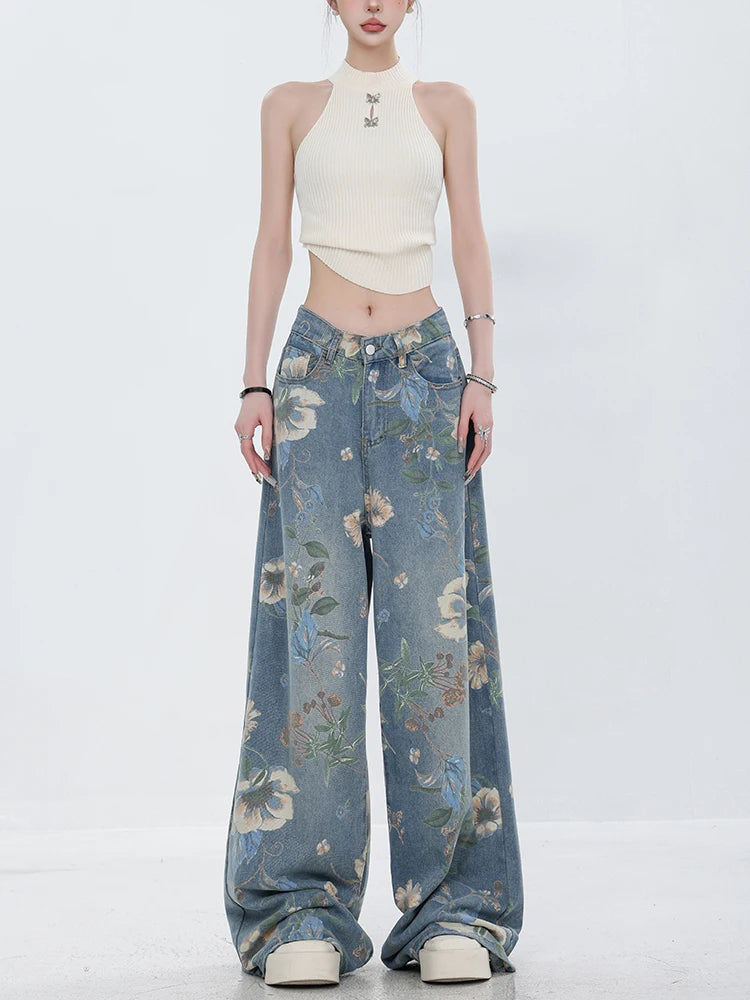 Fashion Printed Jeans 2025 Retro Floral Denim Mopping Trousers Korean Style High Street Loose Hip Hop Wide-leg Jean Pants