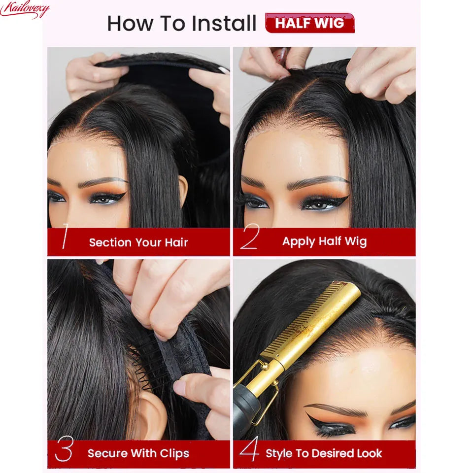 3 In 1 Half Wigs Human Hair Kinky Straight 220% Density Glueless Wear And Go Human Hair Wig No Lace Flip Over Half Wig