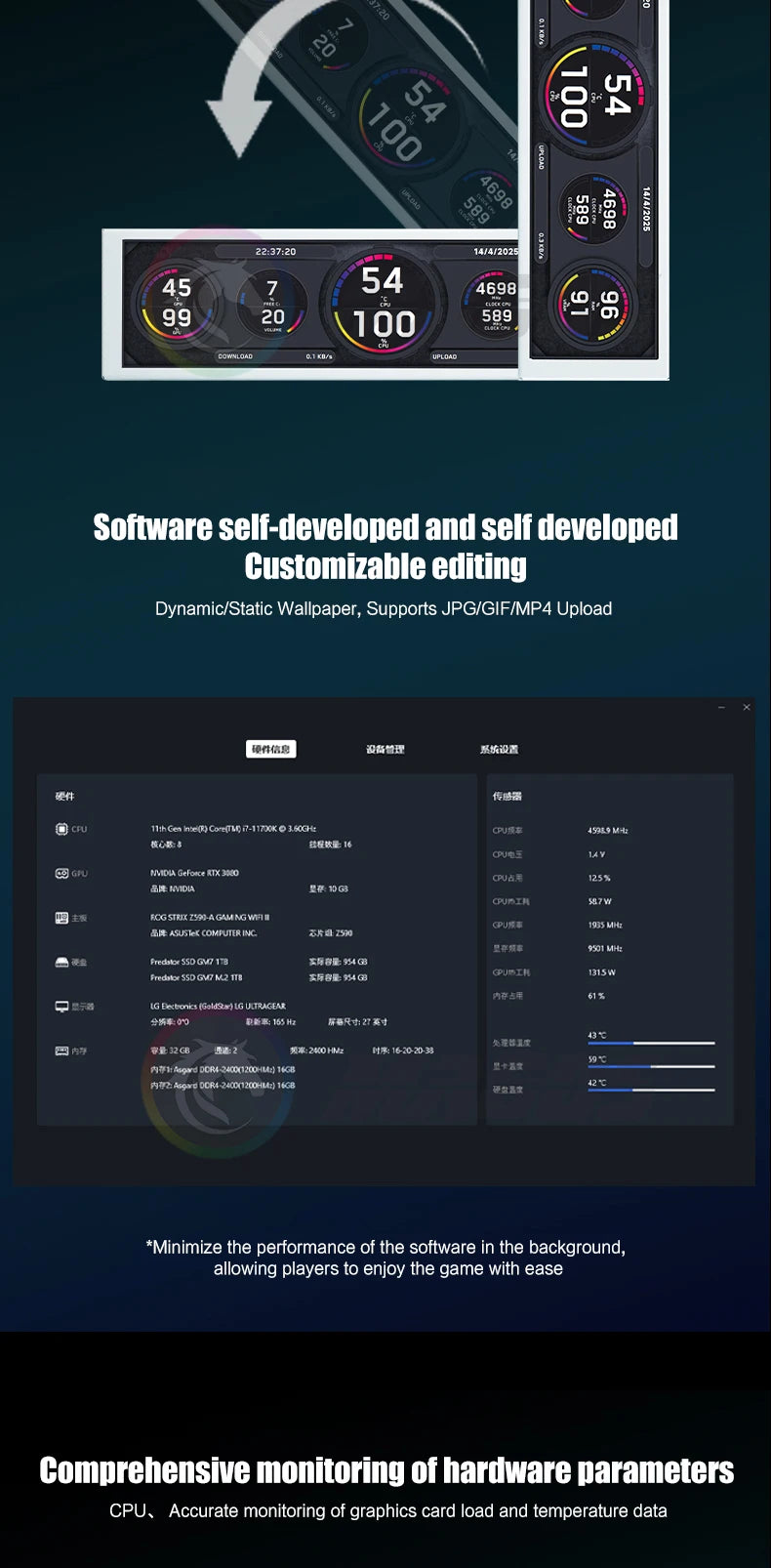 9.16'' Small Screen Display, IPS LCD Monitor for Desktop Computer Hardware Working Monitoring, Windowed Chassis Dedicated