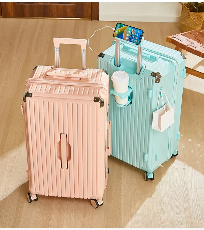 Large Capacity 20-26 Inch Rolling Luggage with Cup Holder Travel Bag Convenien Mobile Phone Stand Simple Travel Rolling Suitcase
