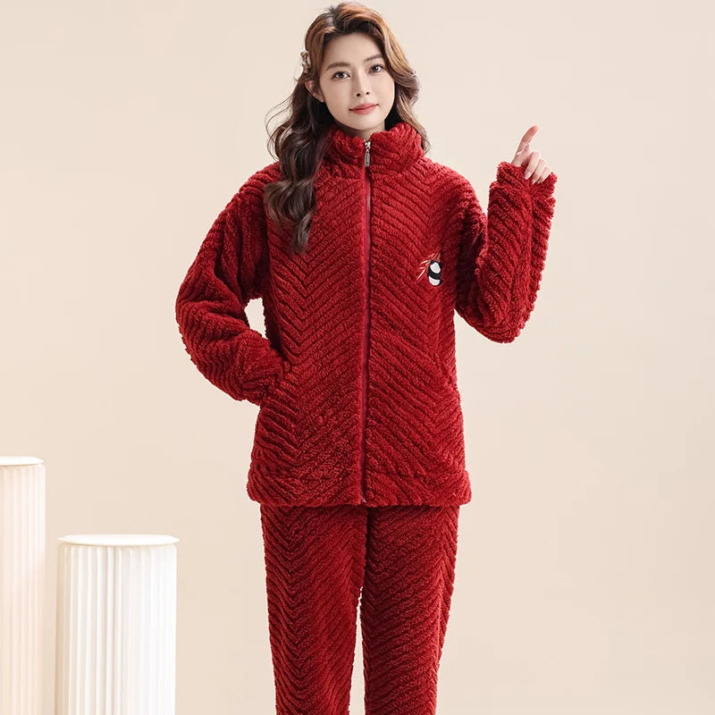 Women's Winter Flannel Pajamas Set Standing Neck Zippered Cardigan Sleepwear Coral Fleece Homewear Thick Warm Female Sweatshirt