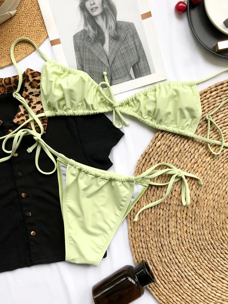 Sexy Wrinkled Micro Mini Thong Bikini Female Swimsuit Women Swimwear Two-pieces Bikini set Bather Bathing Suit Swim Beach Wear