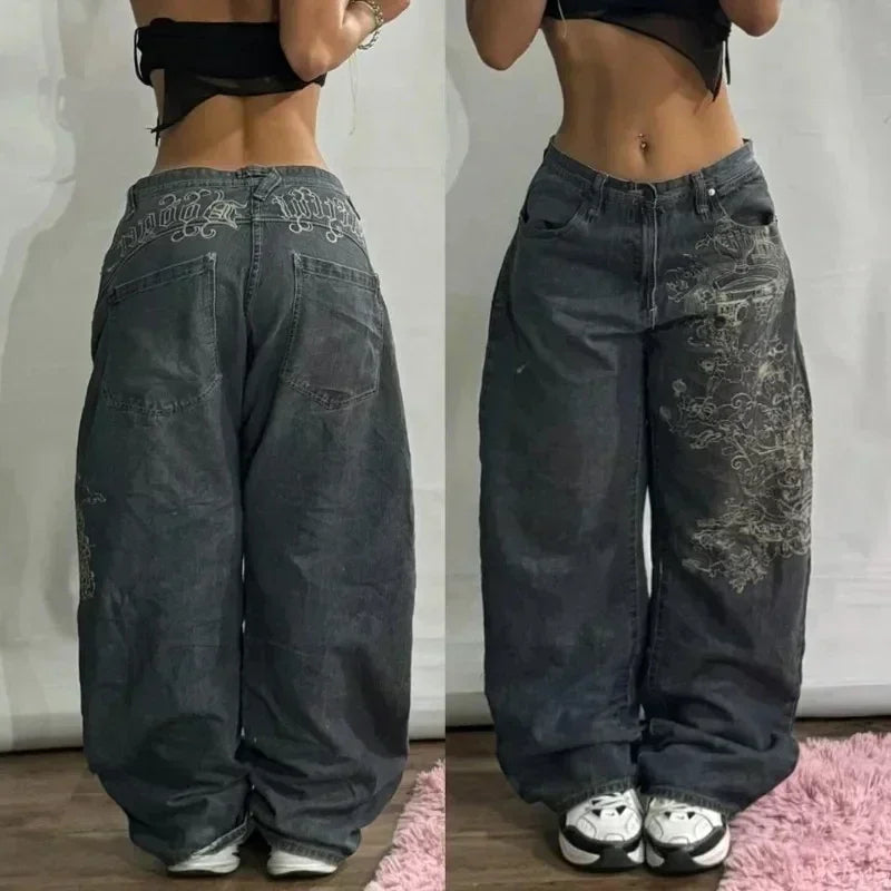 Y2K Street New Skull Embroidered Jeans American Fashion Trendy Retro Pants Men Hip Hop Gothic Harajuku Punk Loose Wide Leg Pants