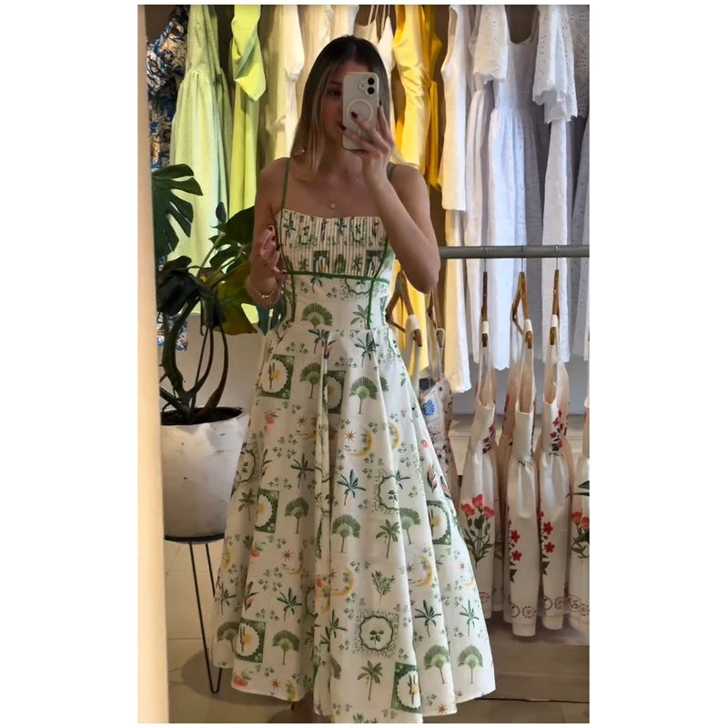 Women's Printed Sleeveless Halter Dress Waist-Closed A-Line Lady Elegant Dresses 2026 Spring Summer Fashion Female Vacation Robe