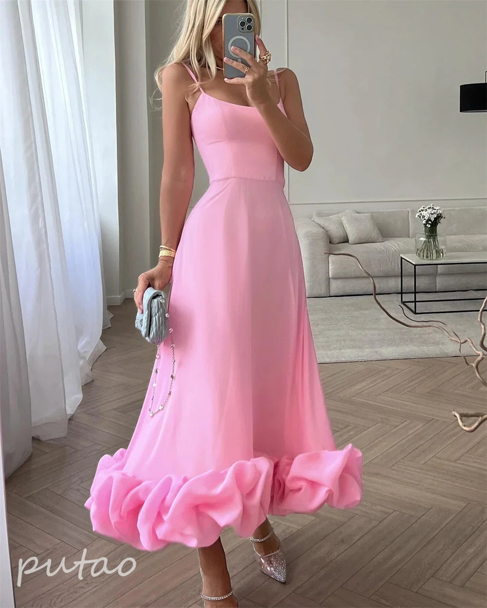 Putao Prom Dresses Fashion Square Empire Summer Party Dress Tea Length Sleeveless Chiffon Ruched Formal Evening Gowns платье жен
