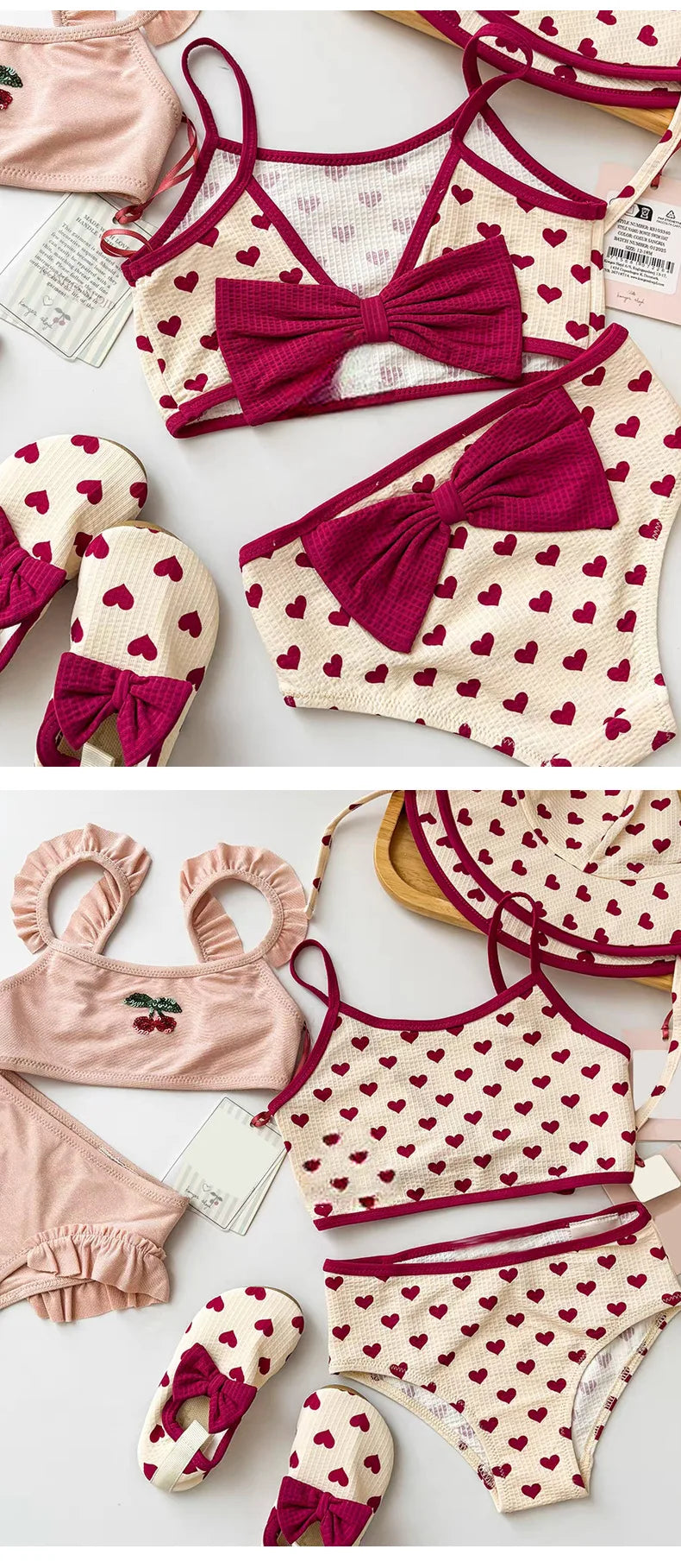 Girls Simple Color Block Swimsuit Heart Print Bikini Set Fashionable Large Bow Knot One-Piece Swimwear Summer Kids Clothing