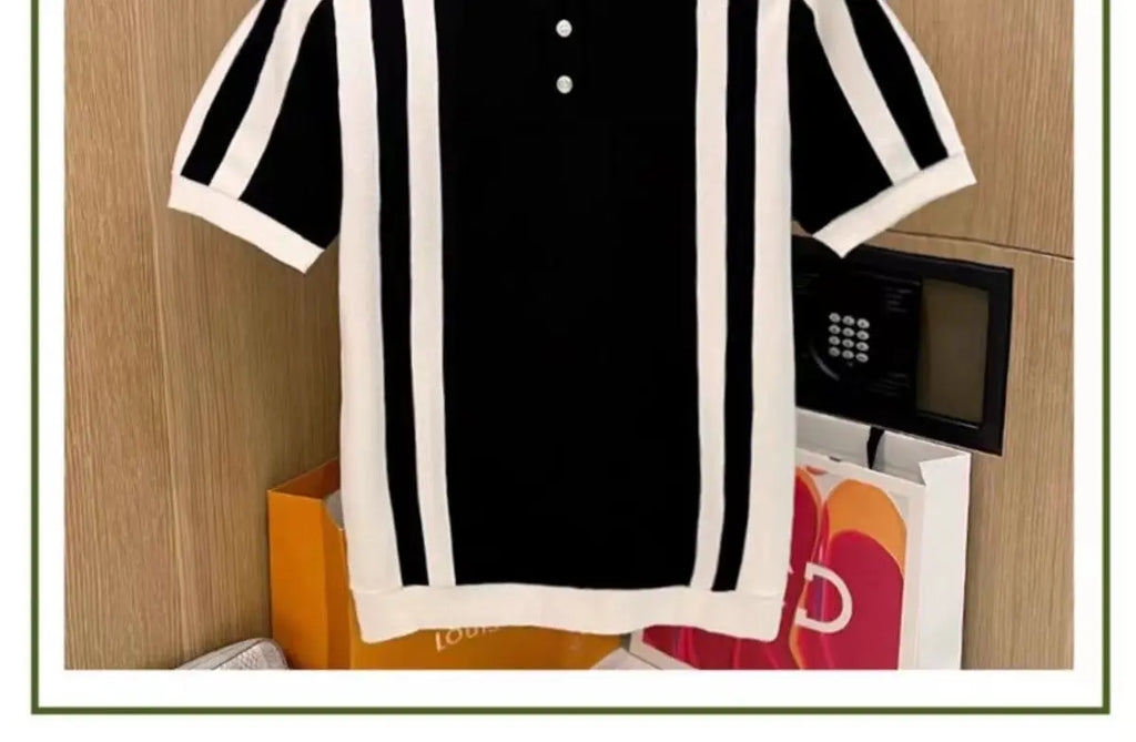Summer New Men's Knitting polos Shirt Men Turn-down Collar Button Fashion Color Stripe Tops Knit Casual Short Sleeve T-shirts