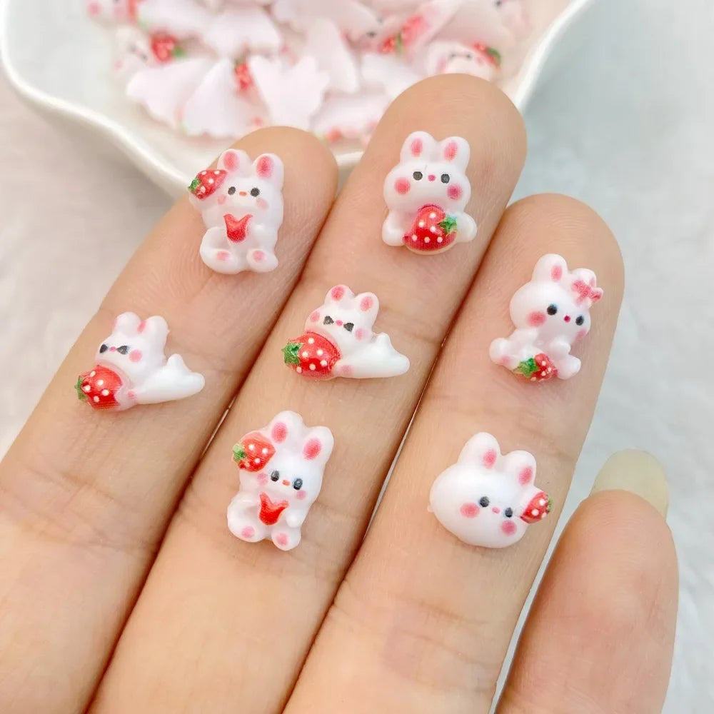 30Pcs Nail Art Accessories Cute mixed color cartoon strawberry rabbit Manicure Design Decorations Resin 3D Charm for Nails DIY
