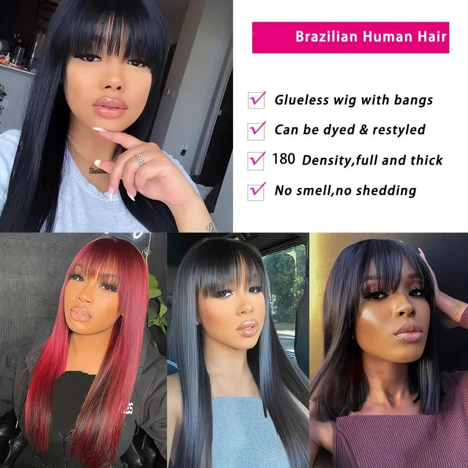 Black Bone Straight Human Hair Wig With Bangs 30 Inch Brazilian 3x1 Lace Wigs Glueless Wig Human Hair Natural Colored For Women