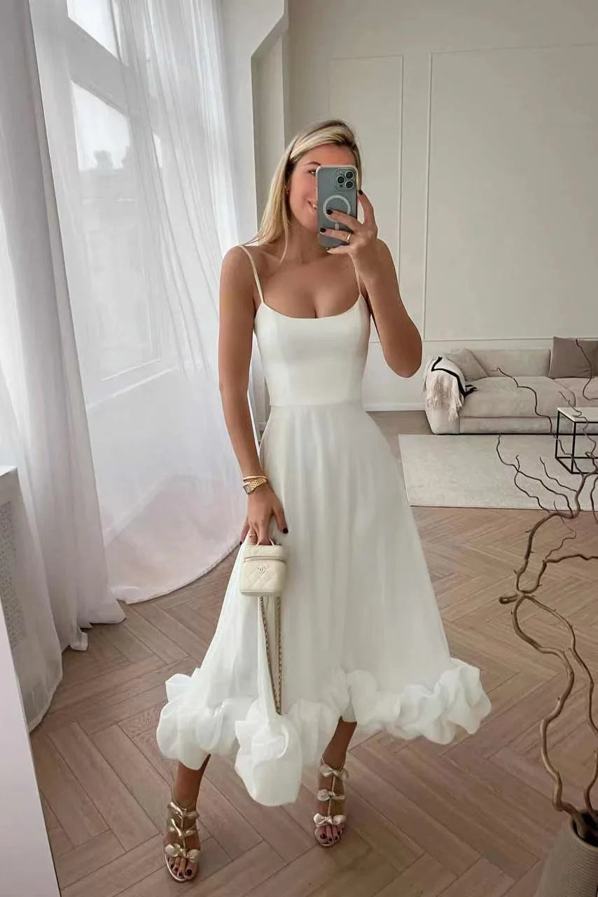 Putao Prom Dresses Fashion Square Empire Summer Party Dress Tea Length Sleeveless Chiffon Ruched Formal Evening Gowns платье жен