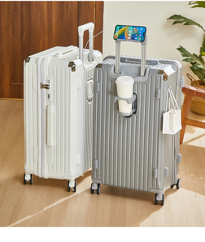 Large Capacity 20-26 Inch Rolling Luggage with Cup Holder Travel Bag Convenien Mobile Phone Stand Simple Travel Rolling Suitcase