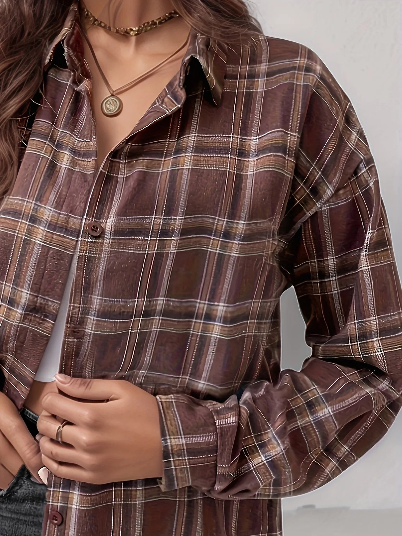 Elegant Casual Long Plaid Shirt Shoulder Drape Style Women's Fashion Trendy Button-Up Top