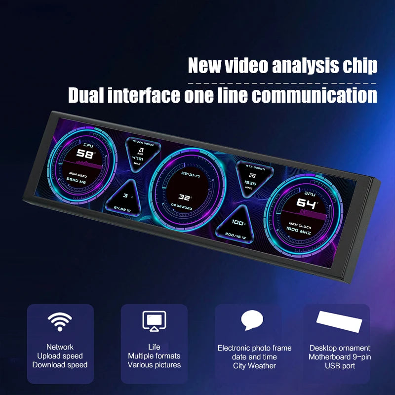 9.16'' Small Screen Display, IPS LCD Monitor for Desktop Computer Hardware Working Monitoring, Windowed Chassis Dedicated