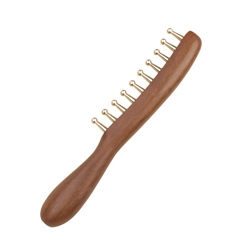 10-Teeth Copper & Wood Massager Comb For Head Meridian Therapy And Relaxation Golden Sandalwood Scraping Guasha Long Handle