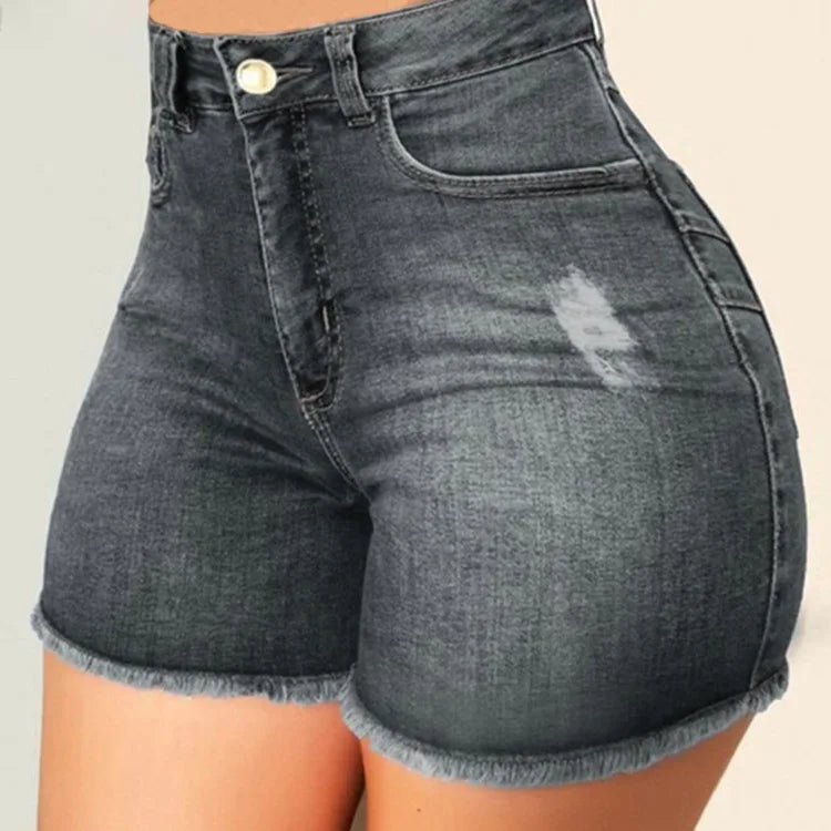 شورت جينز نسائي ضيق بقصة ضيقة ومثير وساخن وعصري بلون سادة وخصر عالٍ، ملابس كاجوال للسيدات.