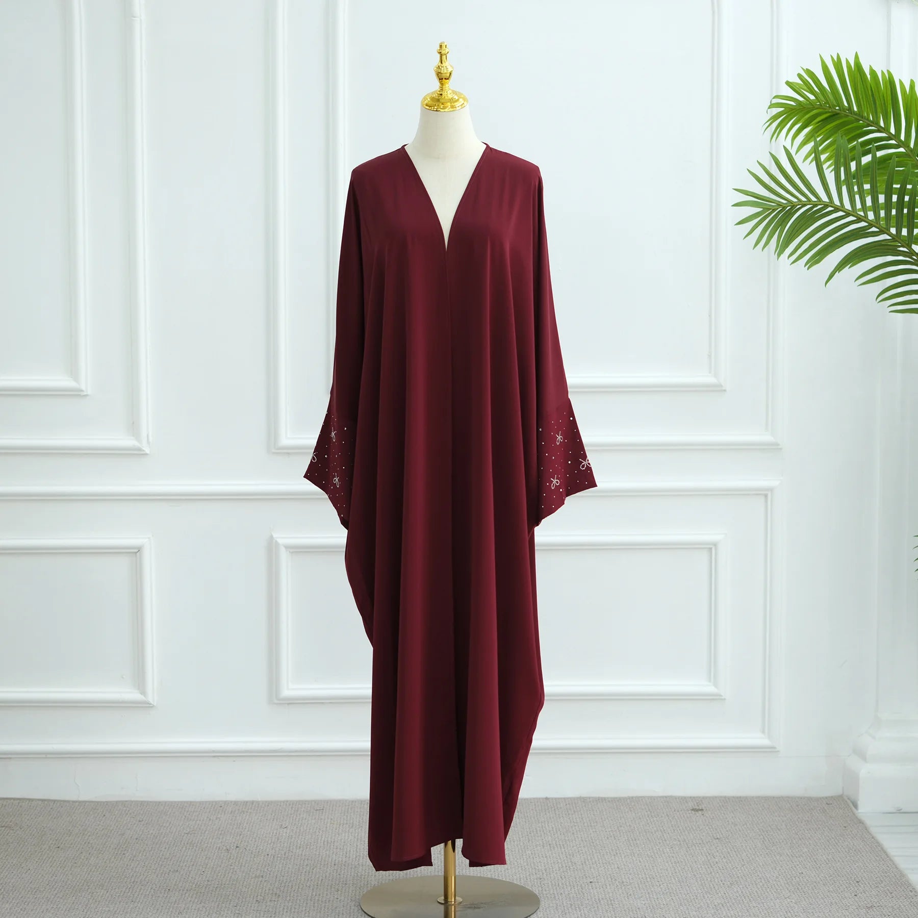 Luxury Dubai Abaya with Beaded Bow Modest Dress for Muslim Women Elegant Open Front Cover Cardigan Fashion Plain Turkey Outfit