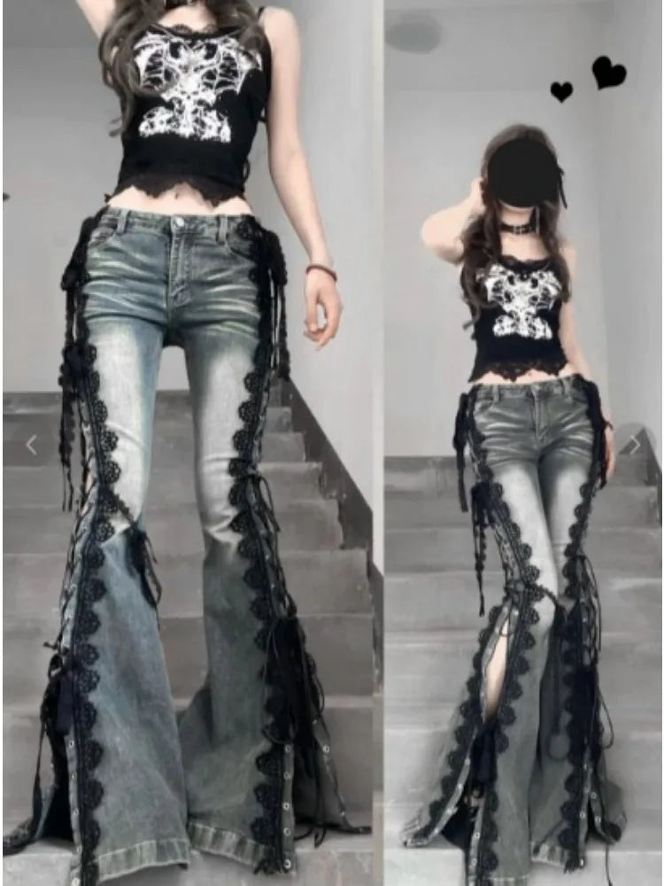 Retro Eyelets Lace Up Flare Jeans Stitch Lace Whiskers Slim Low Rise Split Bootcut Pants Women Bell Bottoms Streetwear