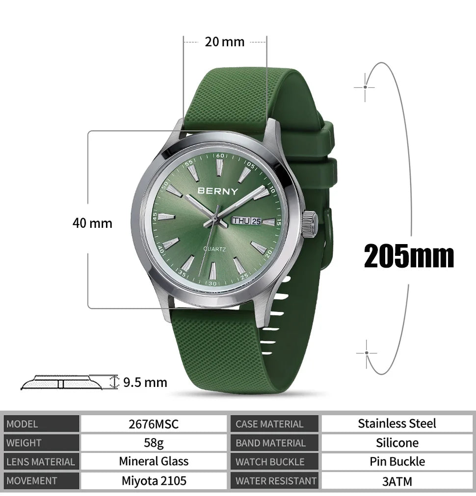 BERNY Watches for Men 40mm Luminous Elegance Dress Quartz Watch Calendar Week Luxury Waterproof Casual Business Men's Wristwatch