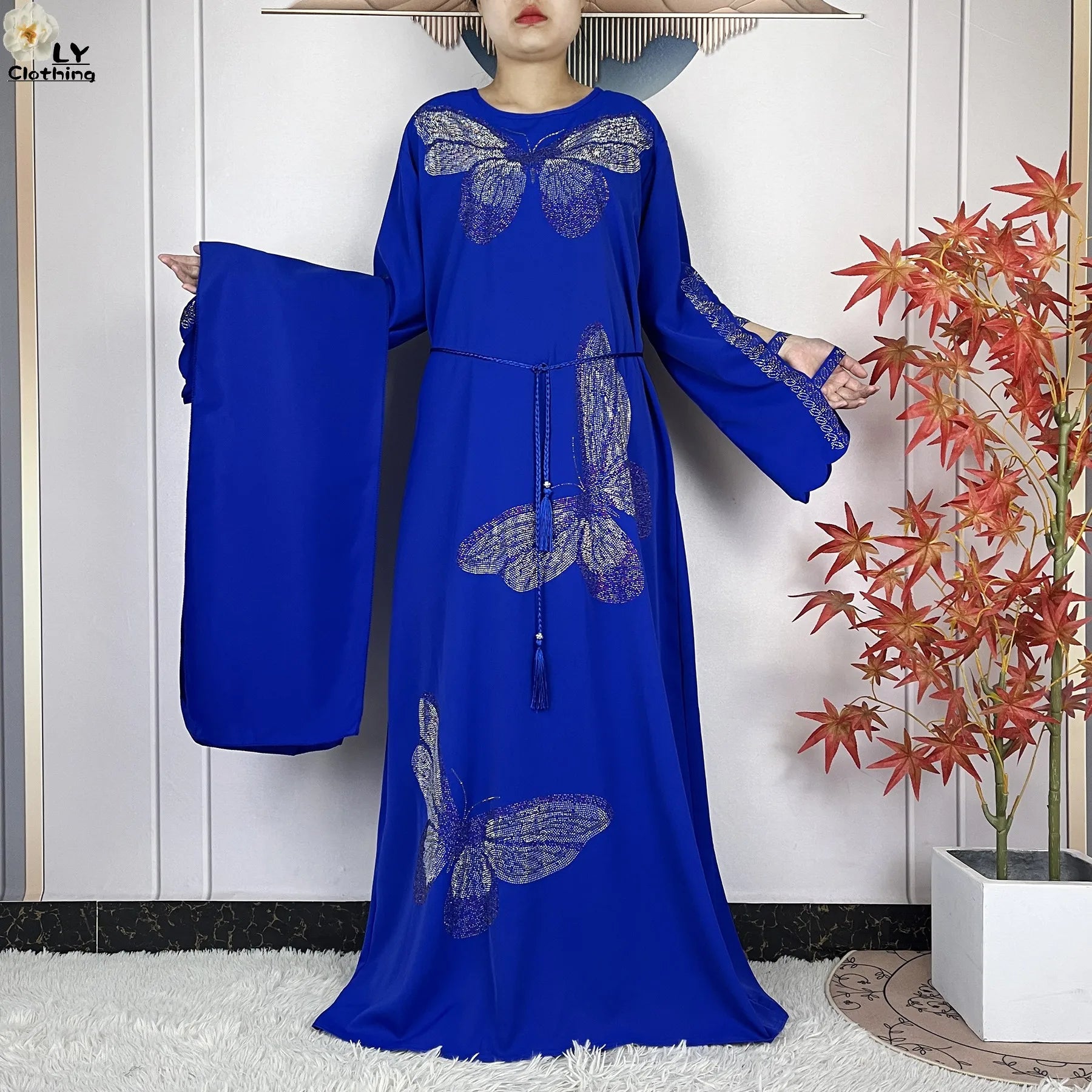 2025New Dubai Muslim Women Elegant Dress African Abaya Loose Butterfly Pattern Diamond Islamic Long Sleeve Turkey Femme Clothing