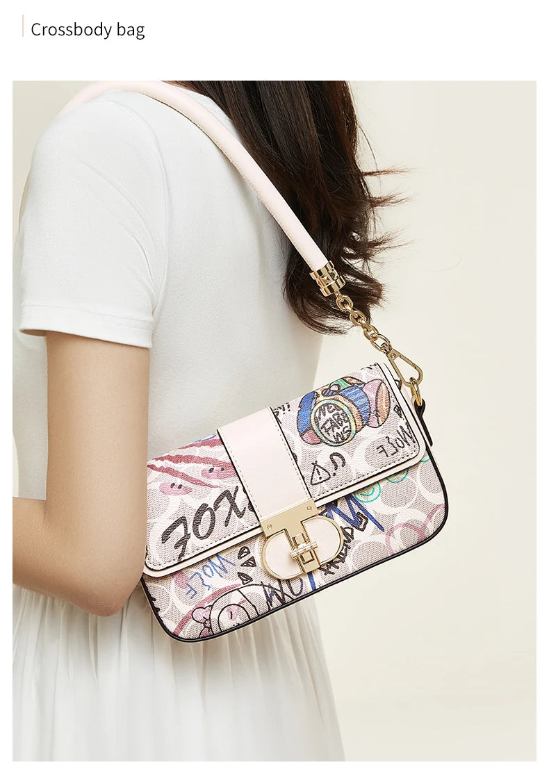 FOXER 2026 Fashion New Women's Underarm Bag PU Leather Graffiti Lady Chain Shoulder Bag Trendy Niche Design Crossbody Bag