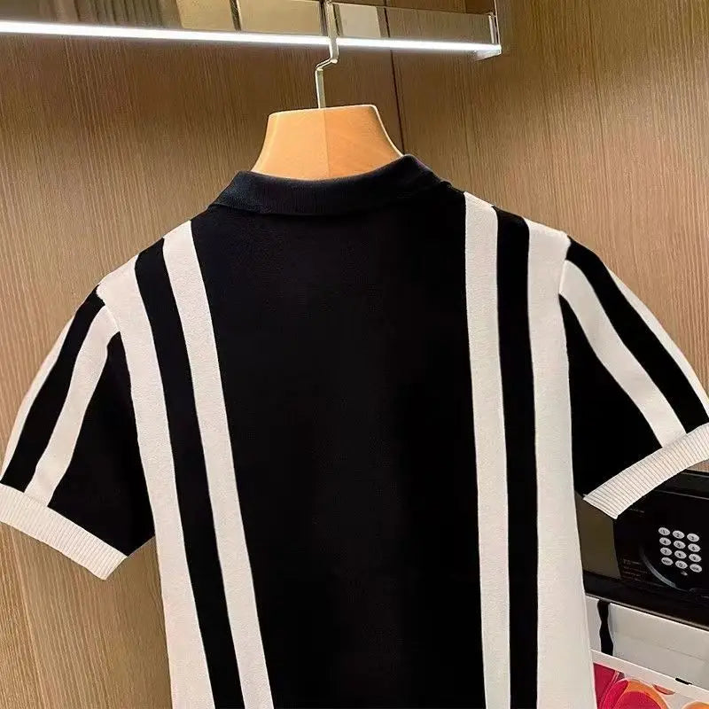 Summer New Men's Knitting polos Shirt Men Turn-down Collar Button Fashion Color Stripe Tops Knit Casual Short Sleeve T-shirts