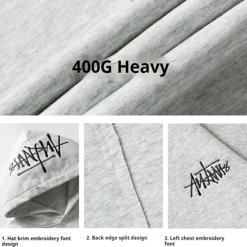 400G Heavy Thick Letter Embroidered Hoodies for Men's Autumn Winter Style American Trendy Couple Loose Hoodie Coat