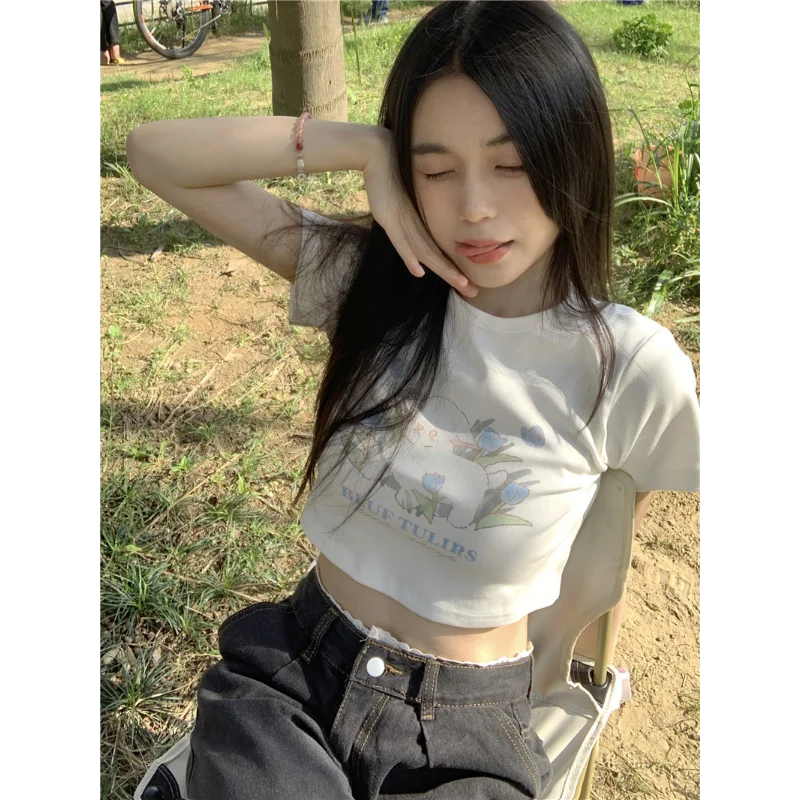 Kawaii Crop Top Summer Women's T-shirt All-match Trendy Fun Printed Casual Slim Korean Cute Tops New Y2K Simple Short Sleeve Tee