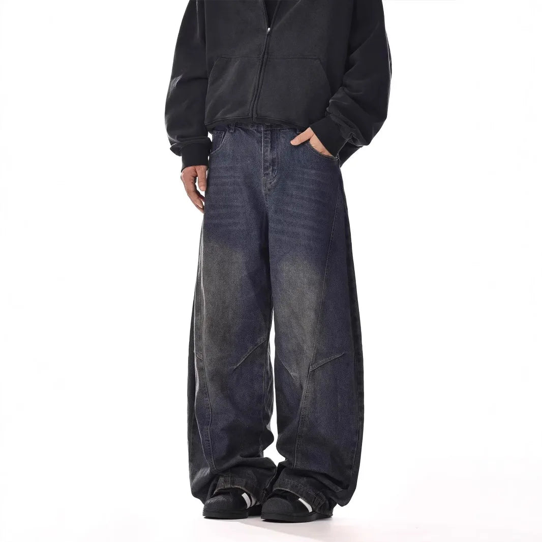 Four Season Fashion 2025 Men's Vintage Casual Trendy Washed Wide Leg Straight Solid Color Jean Trousers Male Denim Pants Clothes