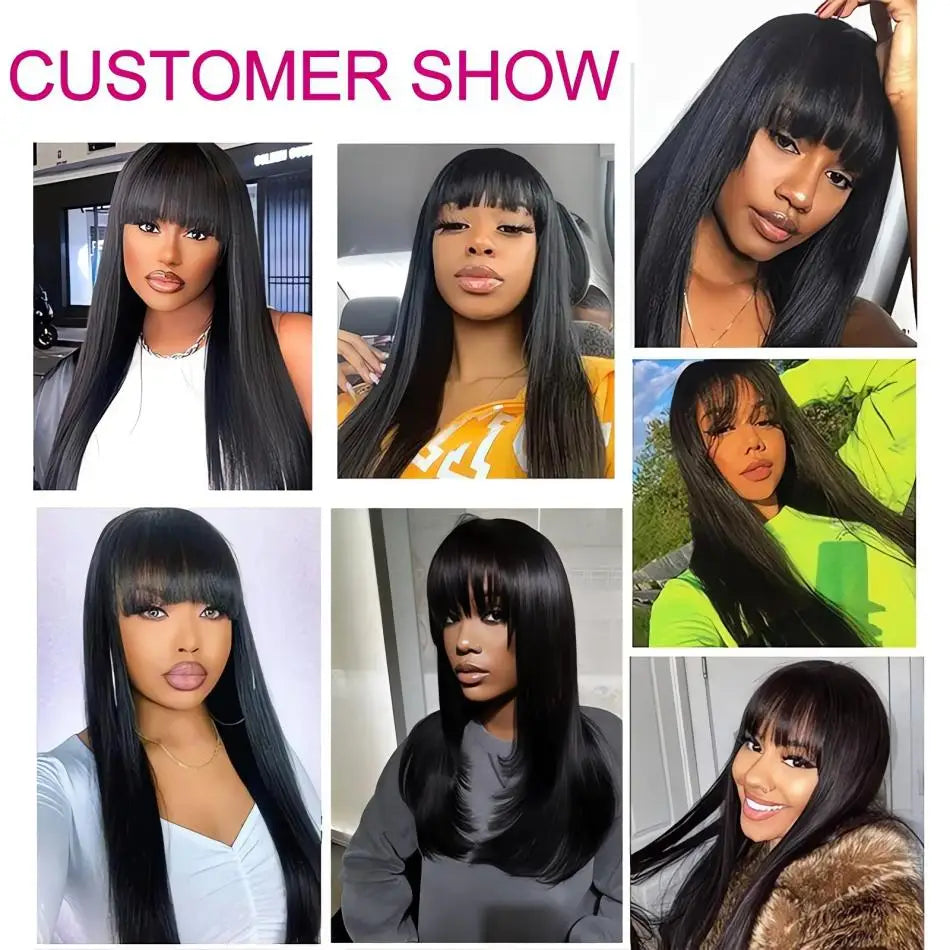 Black Bone Straight Human Hair Wig With Bangs 30 Inch Brazilian 3x1 Lace Wigs Glueless Wig Human Hair Natural Colored For Women